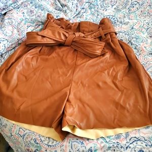 Cognac leather paperbag waist shorts